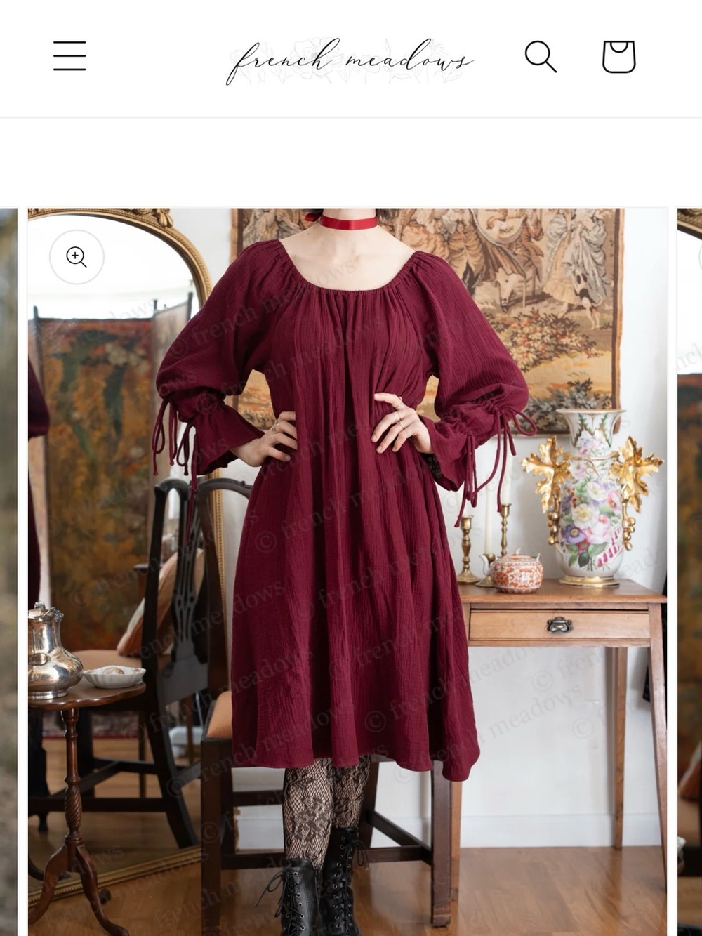 Dark Red Cotton Puff Sleeve Chemise Dress